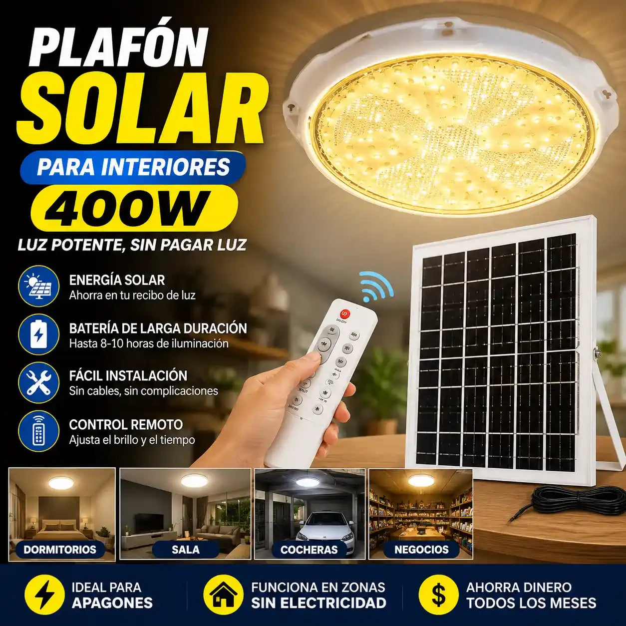 Plafón Solar LED 400W para Interiores | 3 Tipos de Luz 💡+ Ahorra Energía