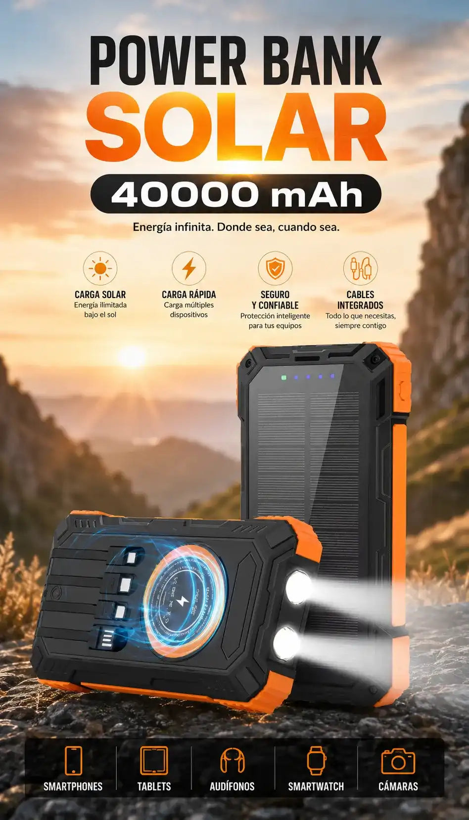 ⚡PowerBank Solar MultiCarga 40000 mAh | Cables Integrados + Carga Rápida⚡