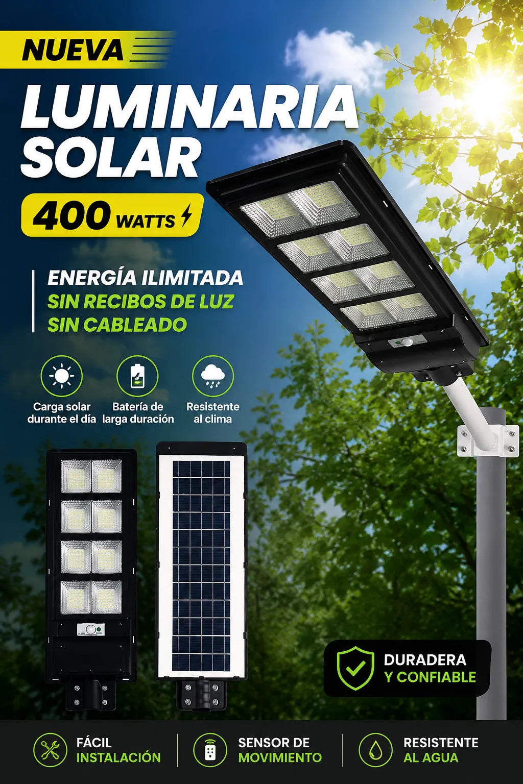 Luminaria Pastoral Solar de 400W + Soporte y Control | Oferta Agosto