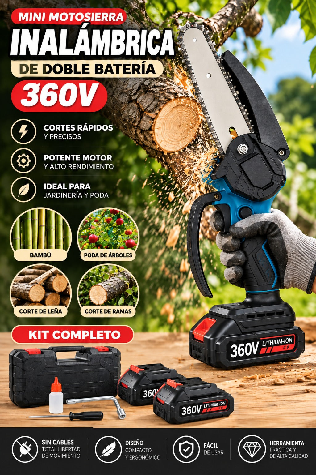 Motosierra Inalámbrica 8'' Doble Batería 360V | Kit Completo