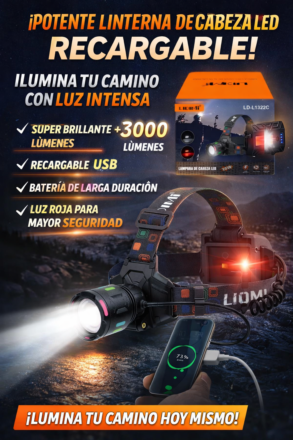 🔥 Linterna Telescópica Frontal +Zoom Regulable | Power Bank para Dispositivos