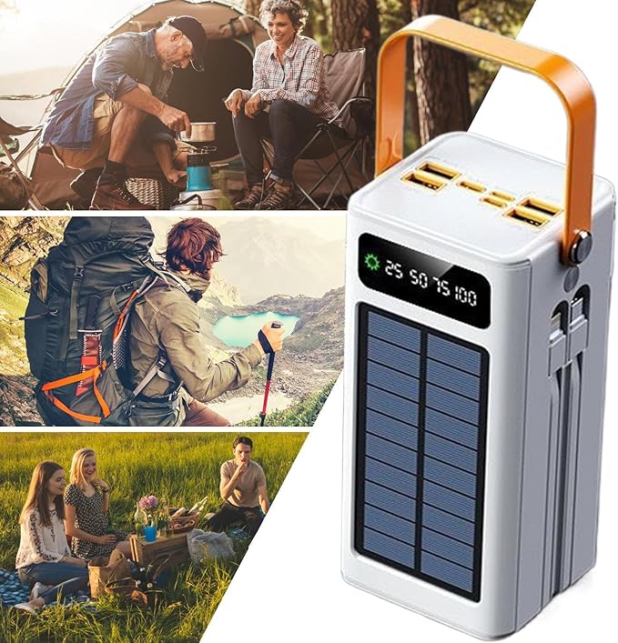 🔋Batería Portátil Solar 50,000mAh –⚡Carga Rápida + Cables Integrados & Luz LED