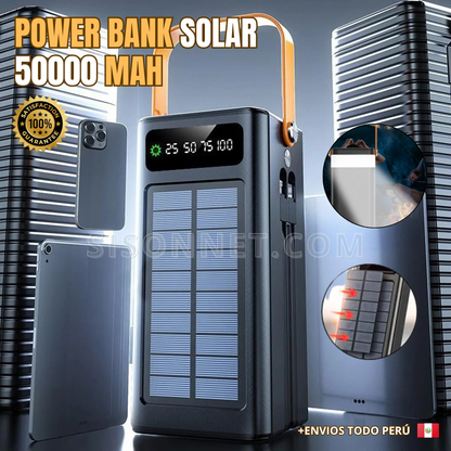 🔋Batería Portátil Solar 50,000mAh –⚡Carga Rápida + Cables Integrados & Luz LED