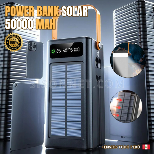 🔋Batería Portátil Solar 50,000mAh –⚡Carga Rápida + Cables Integrados & Luz LED