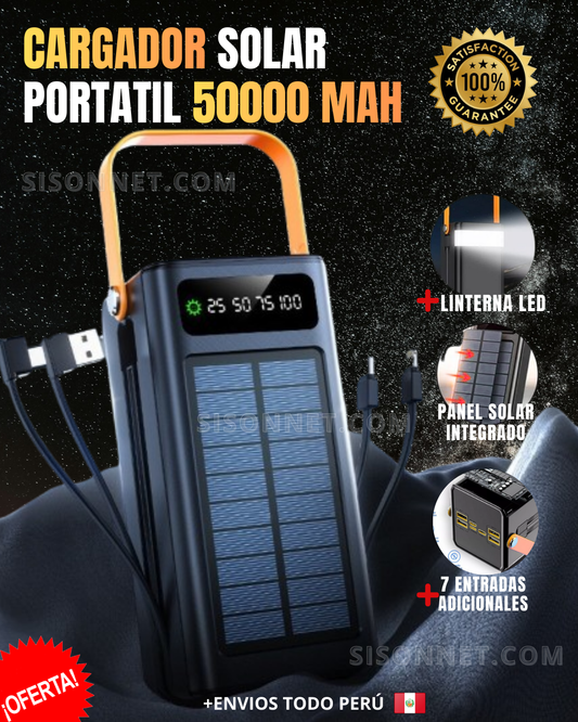 🔋Batería Portátil Solar 50,000mAh –⚡Carga Rápida + Cables Integrados & Luz LED