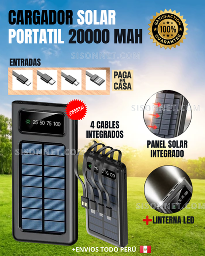 🔋CARGADOR PORTATIL 4 EN 1 CON PANEL SOLAR 20000mAh + LINTERNA🌞| OFERTA