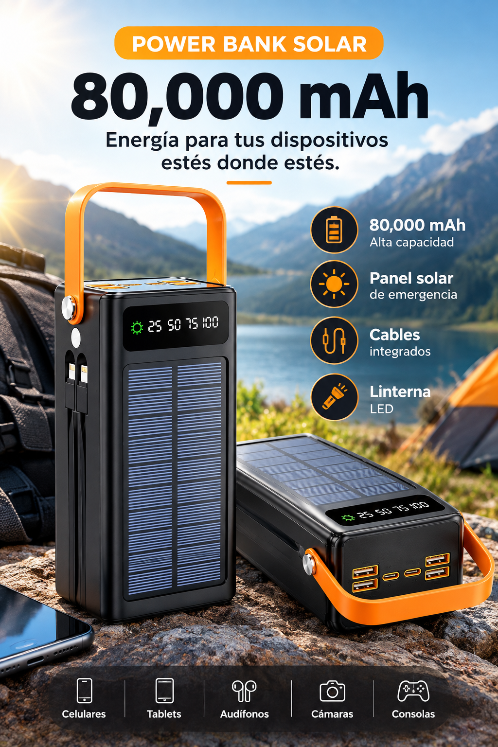 🔥 Power Bank Solar 80,000 mAh – Energía Todo en Uno