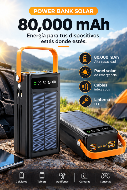 🔥 Power Bank Solar 80,000 mAh – Energía Todo en Uno