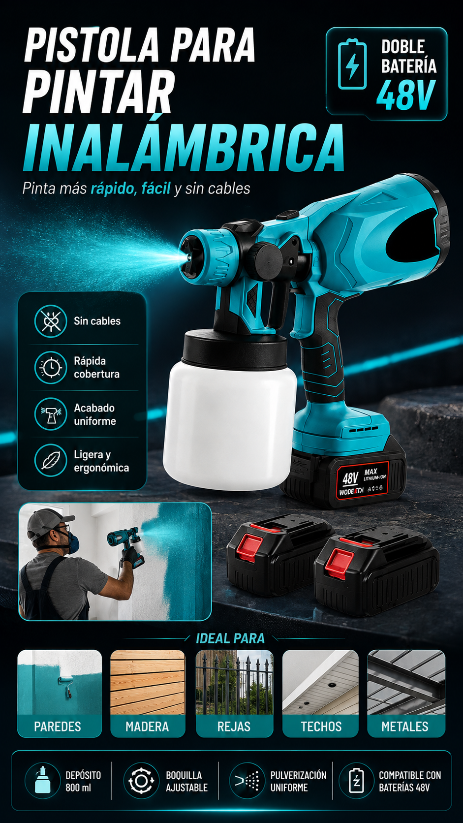 PaintPro™ Pulverizador Inalámbrico +2 Baterías 48V| Boquillas Intercambiables