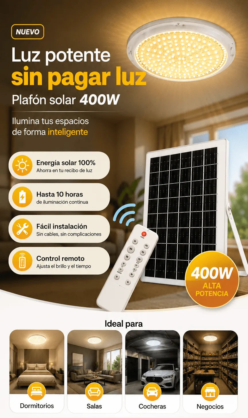 Plafón Solar LED 400W para Interiores | 3 Tipos de Luz 💡+ Ahorra Energía