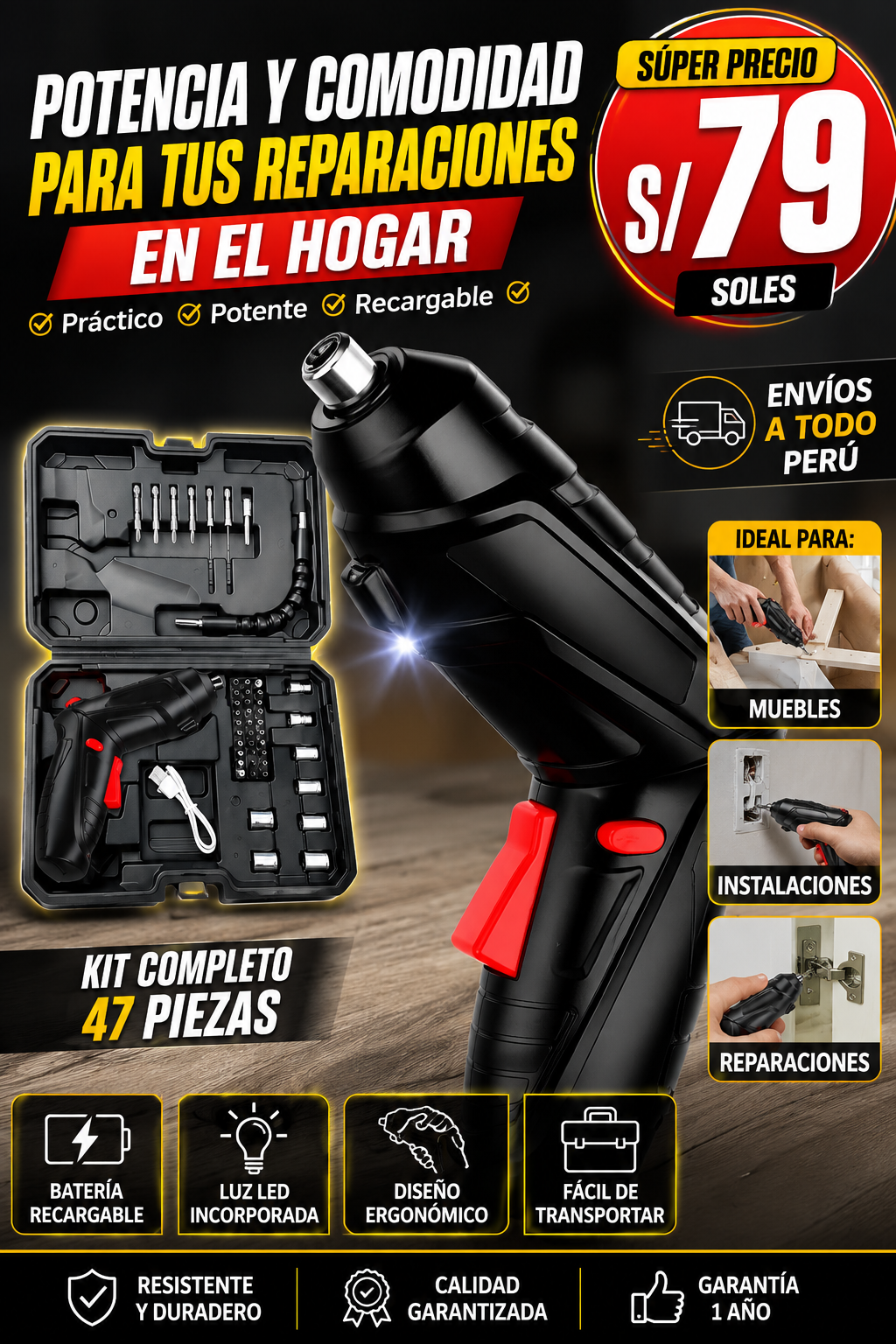Destornillador Inalámbrico 47 Piezas⚡+Extensible Premium