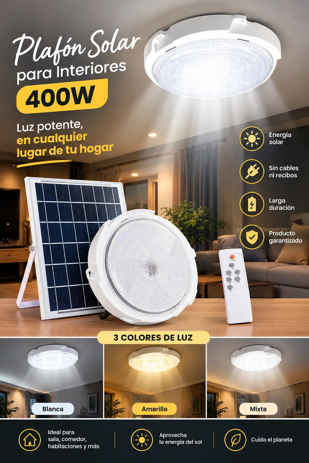 Plafón Solar LED 400W para Interiores | 3 Tipos de Luz 💡+ Ahorra Energía