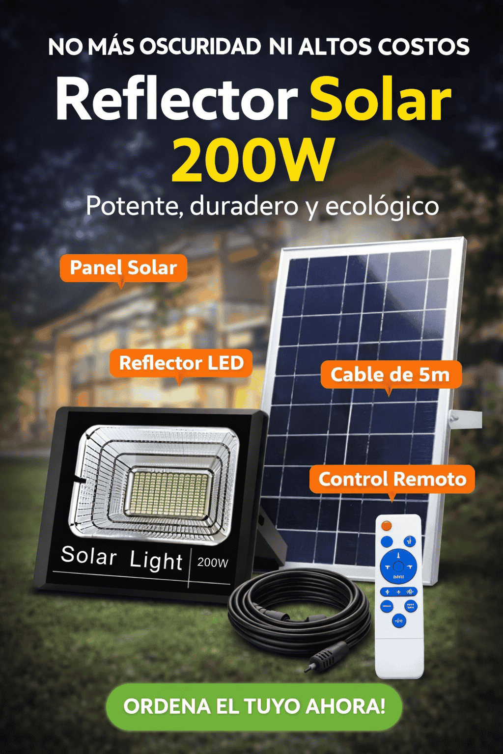 🌞 REFLECTOR SOLAR DE POTENCIA 200W + CABLE 5M Y CONTROL | Envios Perú💡