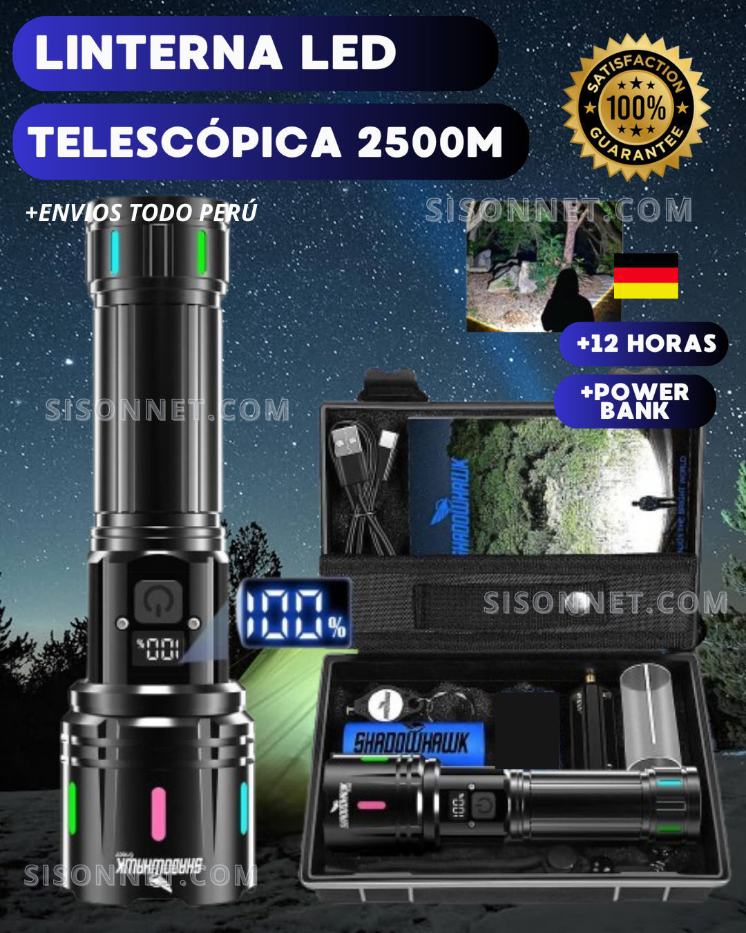 🔦 Modelo Linterna PowerMax™ Telescópica 2500M con PowerBank ⚡| Bateria Recargable Actualizada🔋