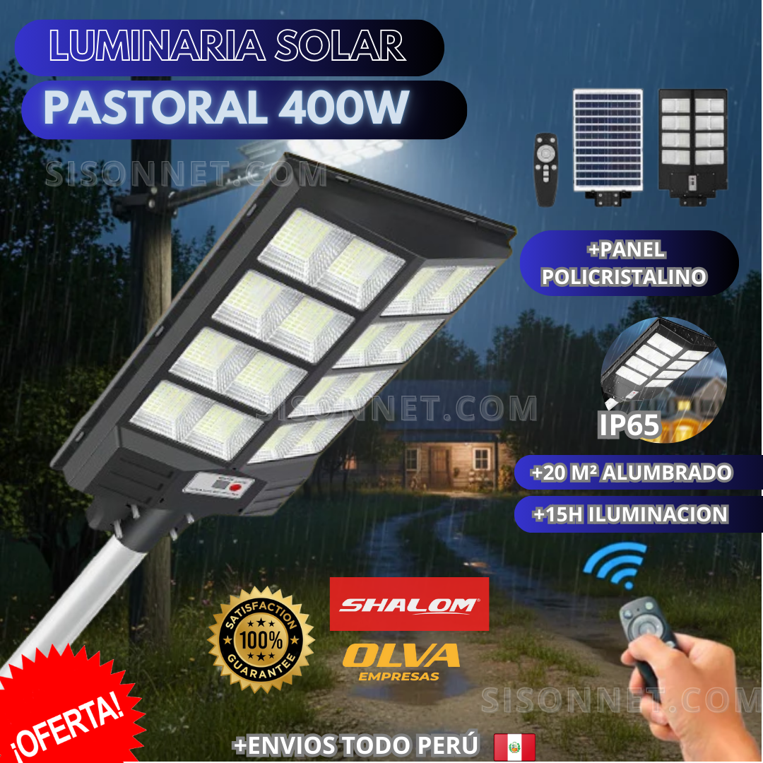 💡 Luminaria Pastoral Solar de 400W de Alumbrado Público + Soporte y Control🌞| Oferta Verano