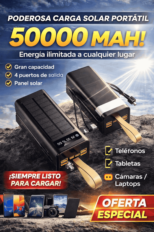 ⚡Cargador Portátil Solar 50,000mAh –🌞Carga Rápida + Cables Integrados & Luz LED